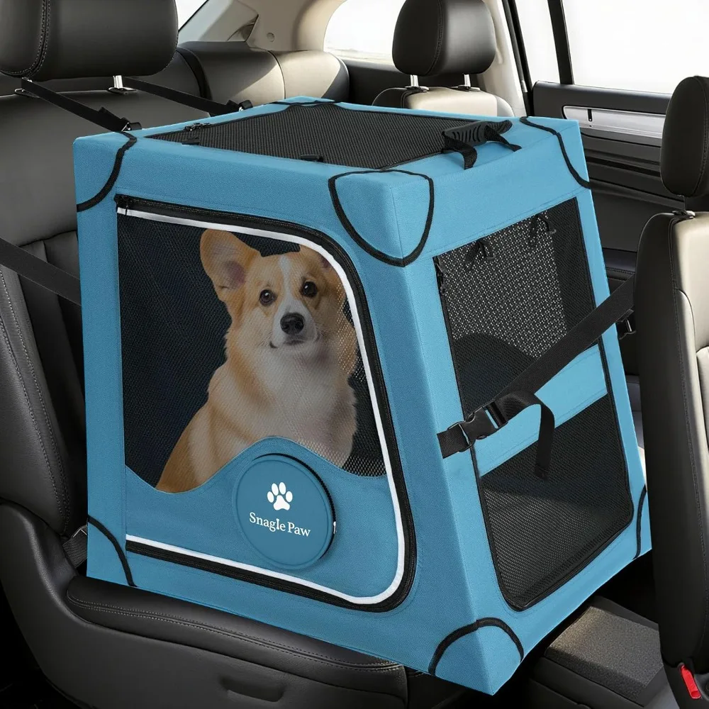 

Portable Dog Crate for Car Travel, Metal Frame Pet Crate, Pet Carrier for Car Back Seat Secures with Headrest Strap
