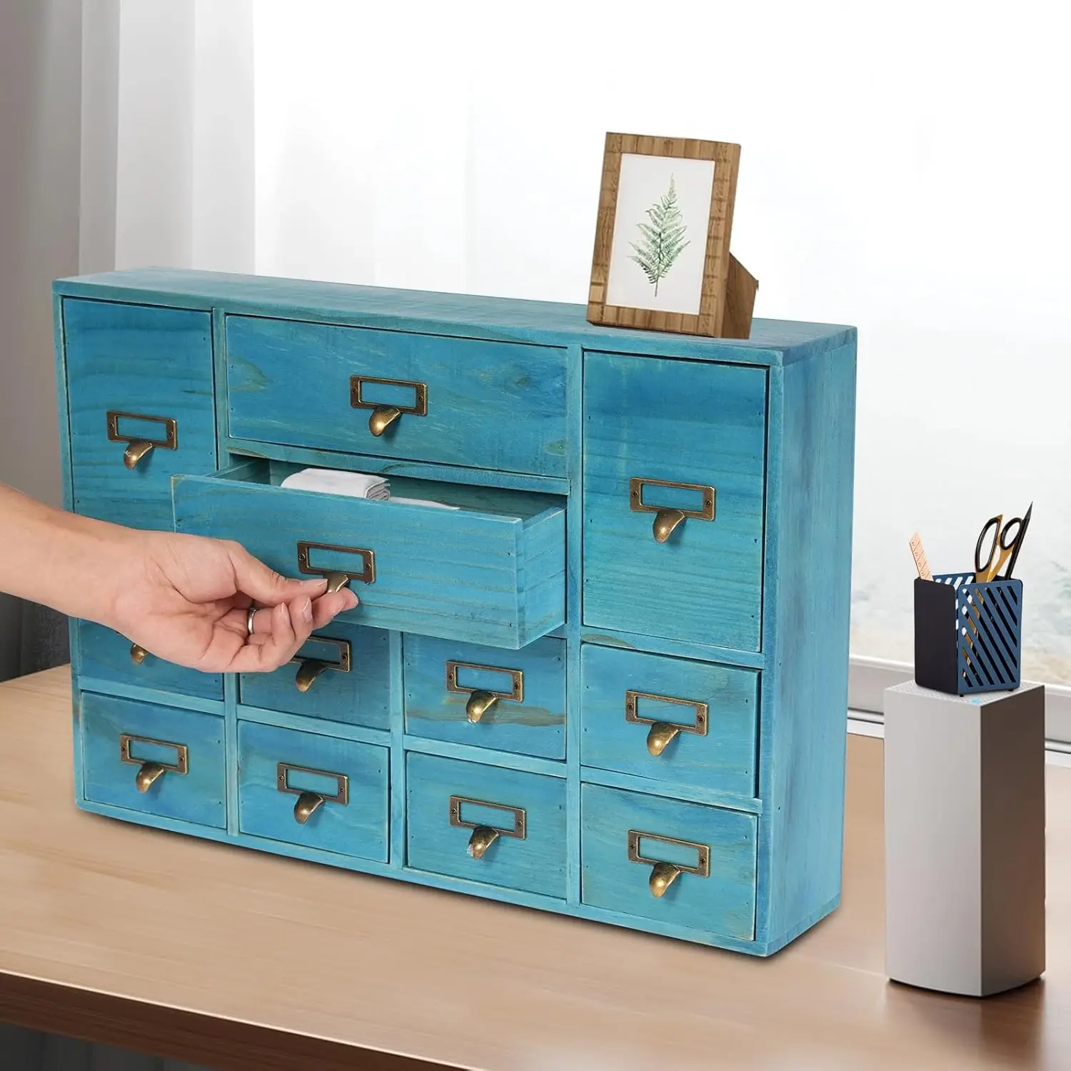 

12 Drawers Stackable Desktop Organizer, Vintage Wooden Apothecary Cabinet for Herb Tea Stationery Storage, Blue