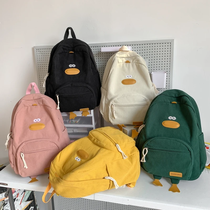 Zaino Cartoon Duck Zaino estetico Kawaii Zaino scolastico multitasche in velluto a coste Zaino da viaggio per ragazze adolescenti Donne