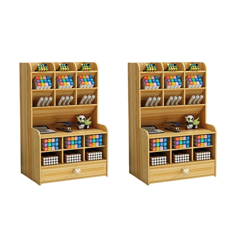 

2X Multi-Function Wooden Desktop Pen Holder Office School Stationery Storage Stand Case Desk Pen Pencil Organizer