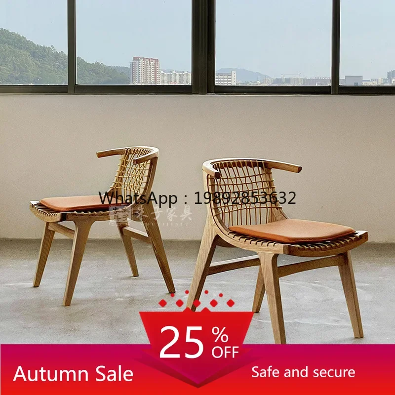 

LYY Dining Chair Solid Wood Simple Armchair Art Rope Woven Chair Homestay Restaurant Leisure Chair