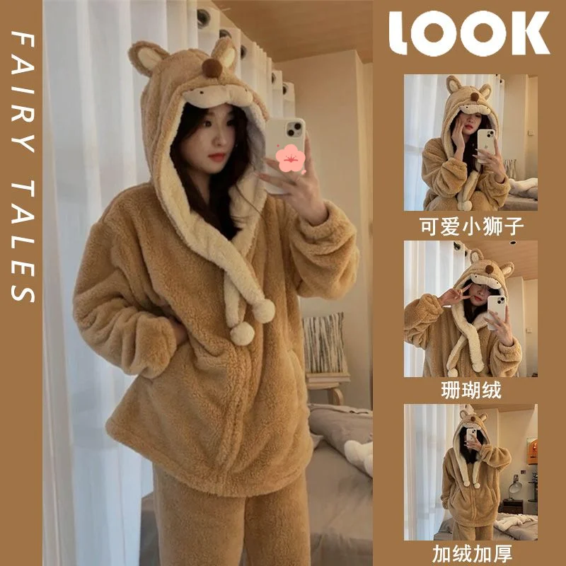 

cute girl Women's pajamas coral fleece winter Comfortable Sleepwear keep warm Cotton Pajama fleece-lined thicken homewear suit