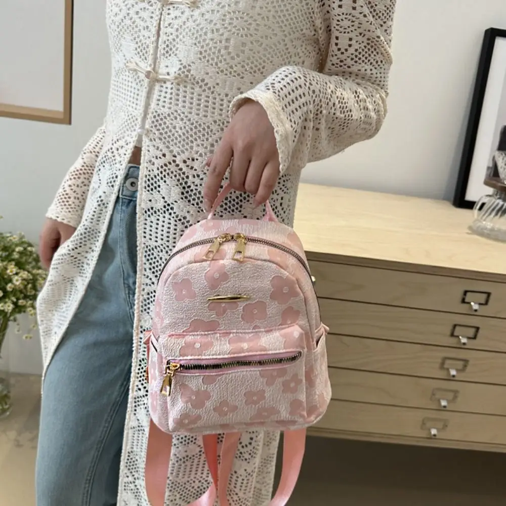 Portable Canvas Flower Backpack Pu Leather Floral Flower Shoulder Bag Handbag Korean Style Travel Bag Outdoor