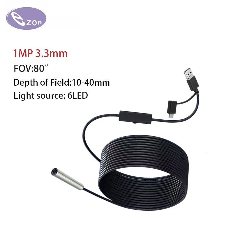 1MP 3.3mm 80° Macro Industrial Endoscope, Miniature Industrial Pipeline Inspection USB Android Industrial Endoscope Camera.