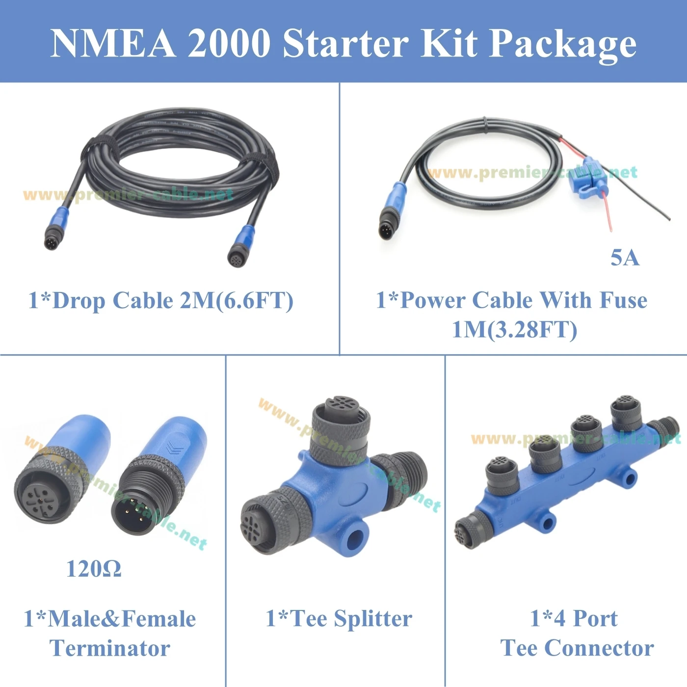 NMEA 2000 Starter Kit Marine Grade Backbone Drop Cable T Connector 4 Port Tee Terminators Power Cable for Garmin Lowrance Simrad