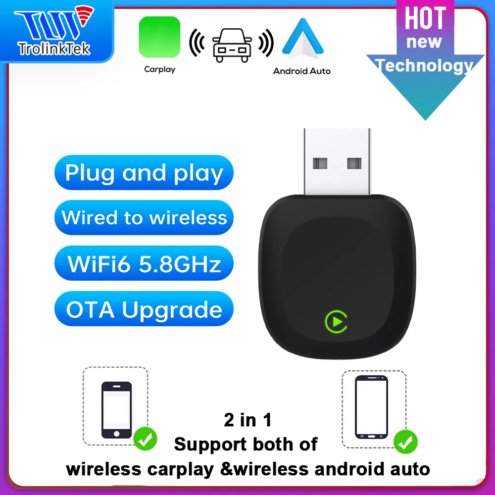 Wireless CarPlay Adapter Android Auto Adapter Wired to Wireless Dongle 2 in 1 USB AI Car Accessories for VW Haval Audi Kia Benz