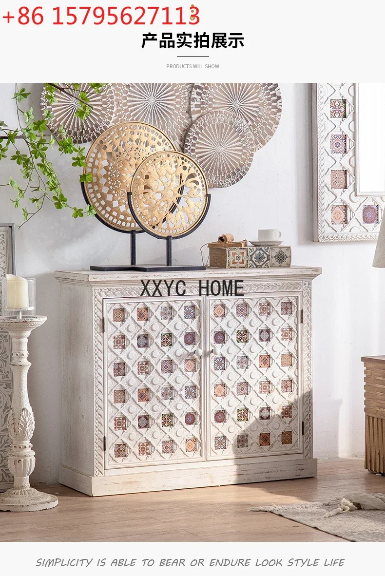 

Retro White Wall Locker Solid Wood Painted Decorative Entrance Cabinet
