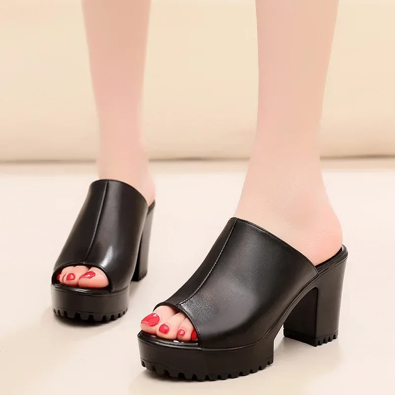 Sexy Small 33-43 Open Head Leather Slippers Women\'s Platform Shoes Summer 2024 Block High Heels Slides for Office Beach Mom