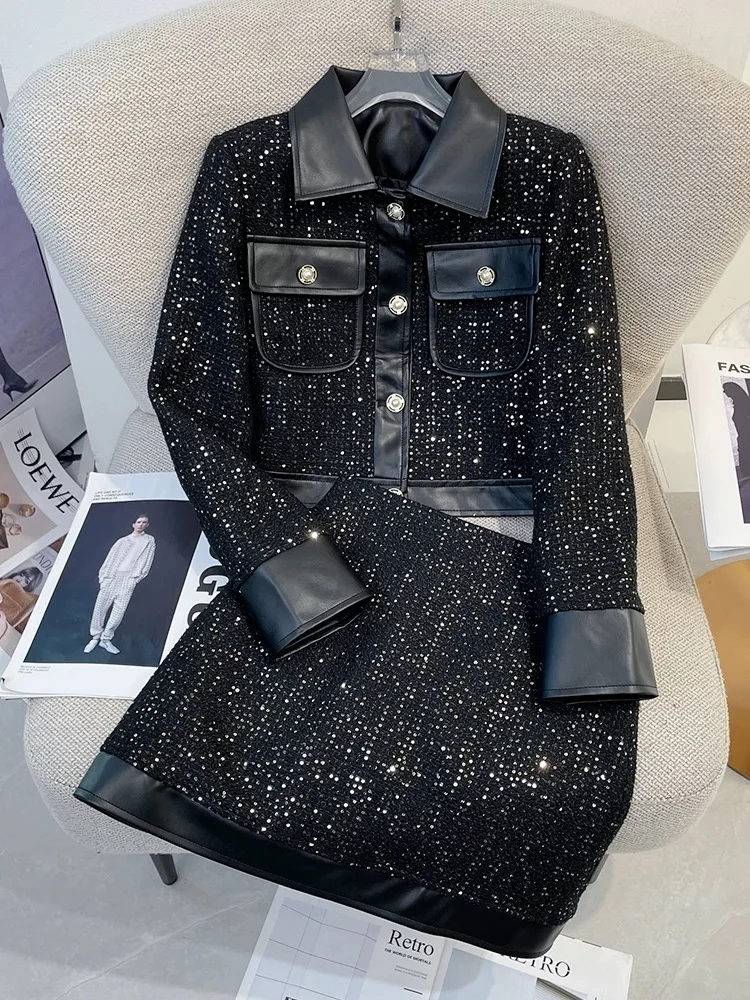 Set da due pezzi impiombato in pelle nera da donna decorazione con paillettes piccoli abiti a vento profumato giacca corta cappotto + minigonna abiti