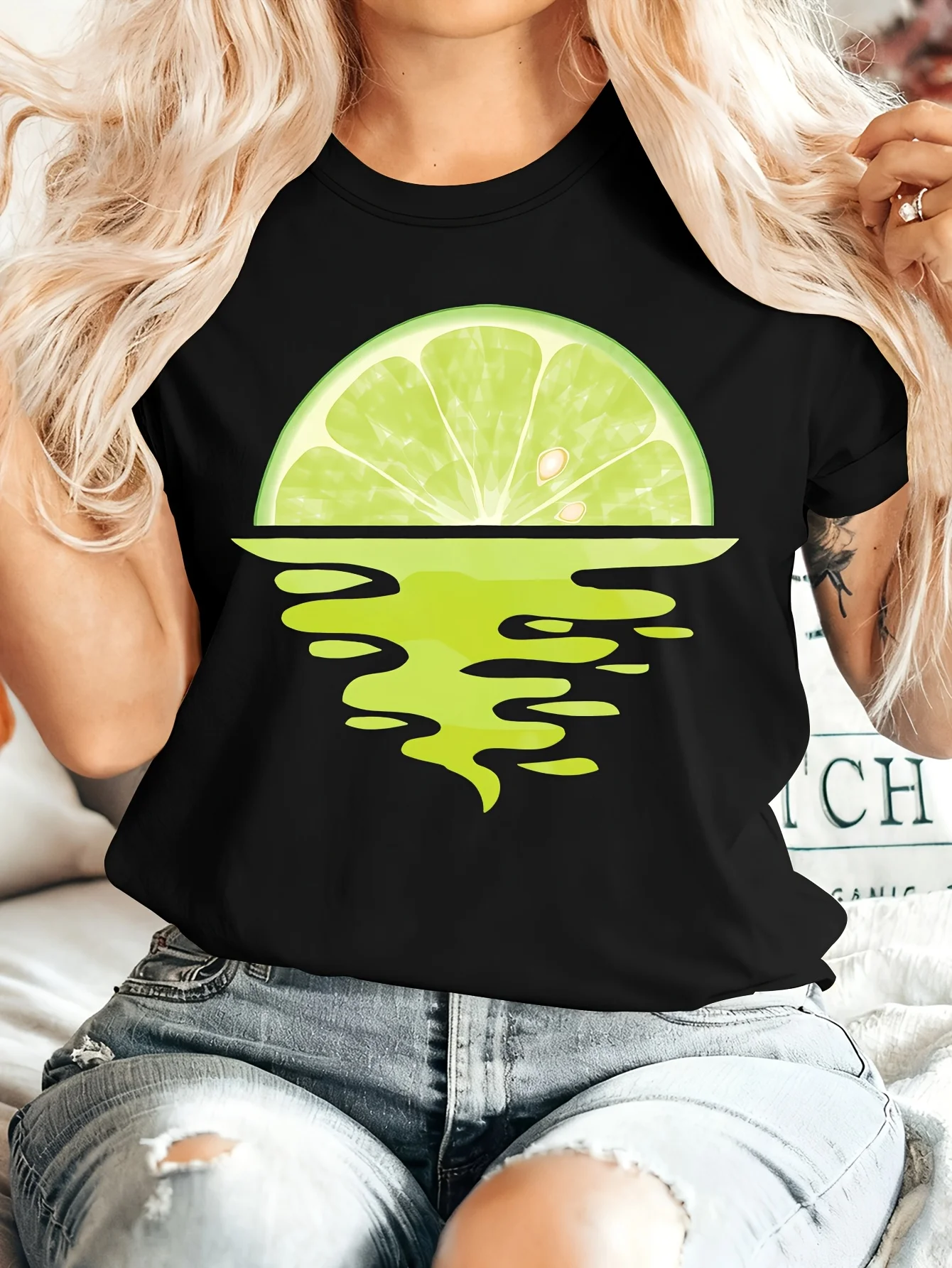 Women Crew Neck Tee Fresh Lime Slice Reflection Fruit Graphic Print Short Sleeve Loose Ladies Cotton Plus Size Casual Top
