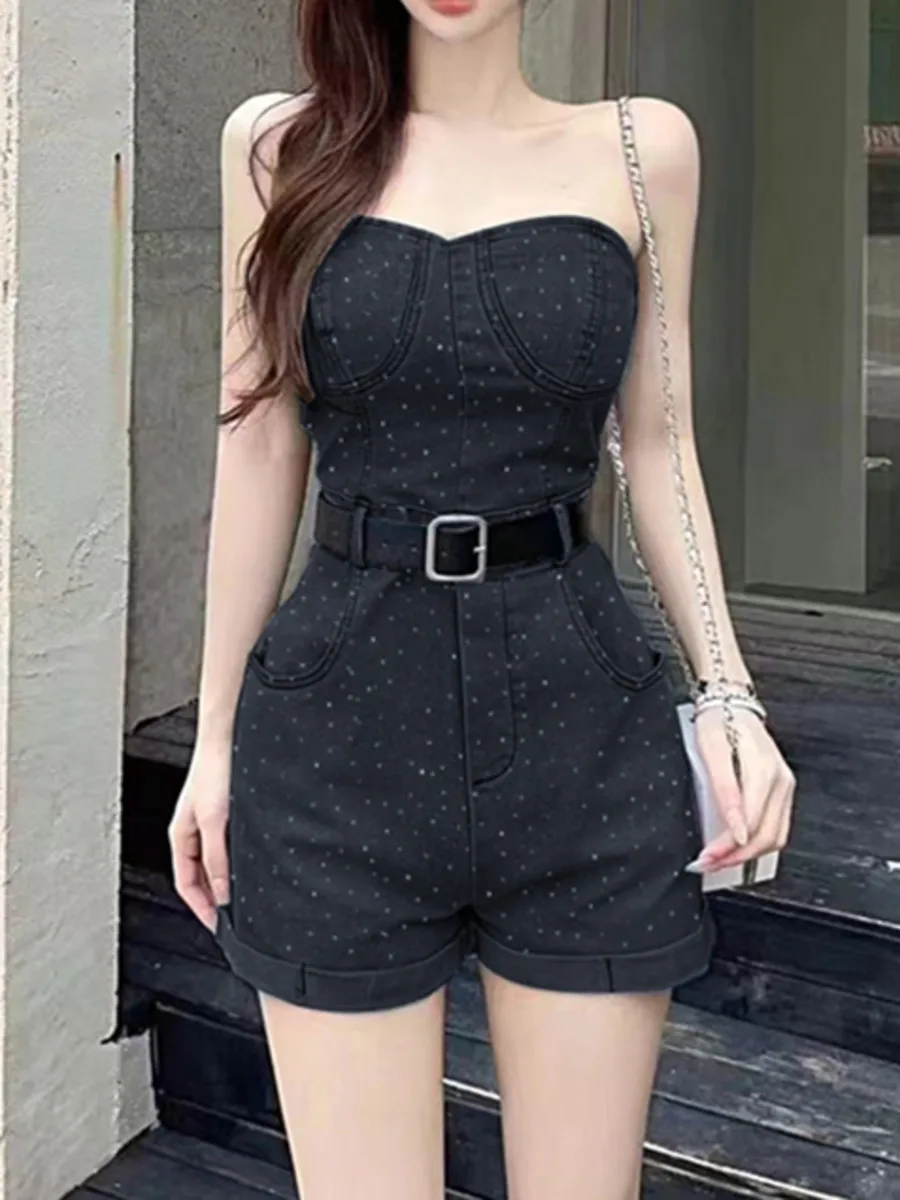 

2024 Summer Rompers Women Jeans Jumpsuit Off Shoulder Rhinestone Denim Playsuit Womens Jumpsuits Wide Leg Casual Denim Overalls