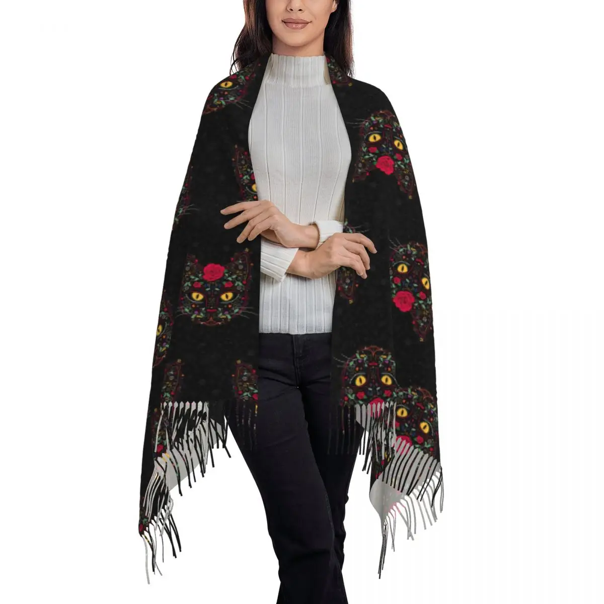 Customized Printed Day Of The Dead Kitten Cat Sugar Skull Scarf  Winter Fall Scarves Mexican Halloween Floral Shawl Wrap