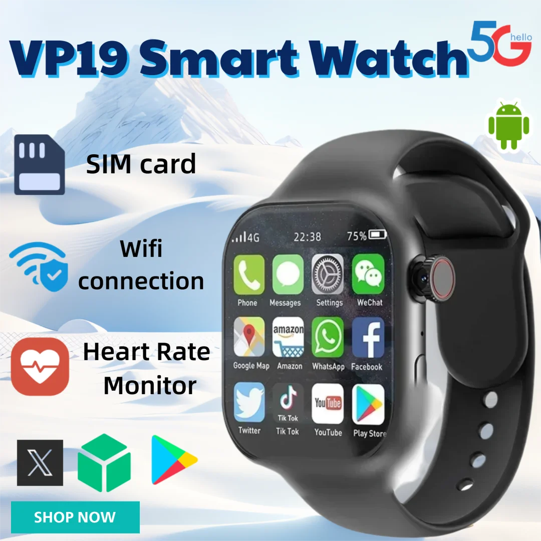 

VP19 Smart Watch for Men Women - Android 10 OS, 180° Rotating Camera, WiFi, 4G/5G SIM Support, GPS Tracking, Fitness Tracker