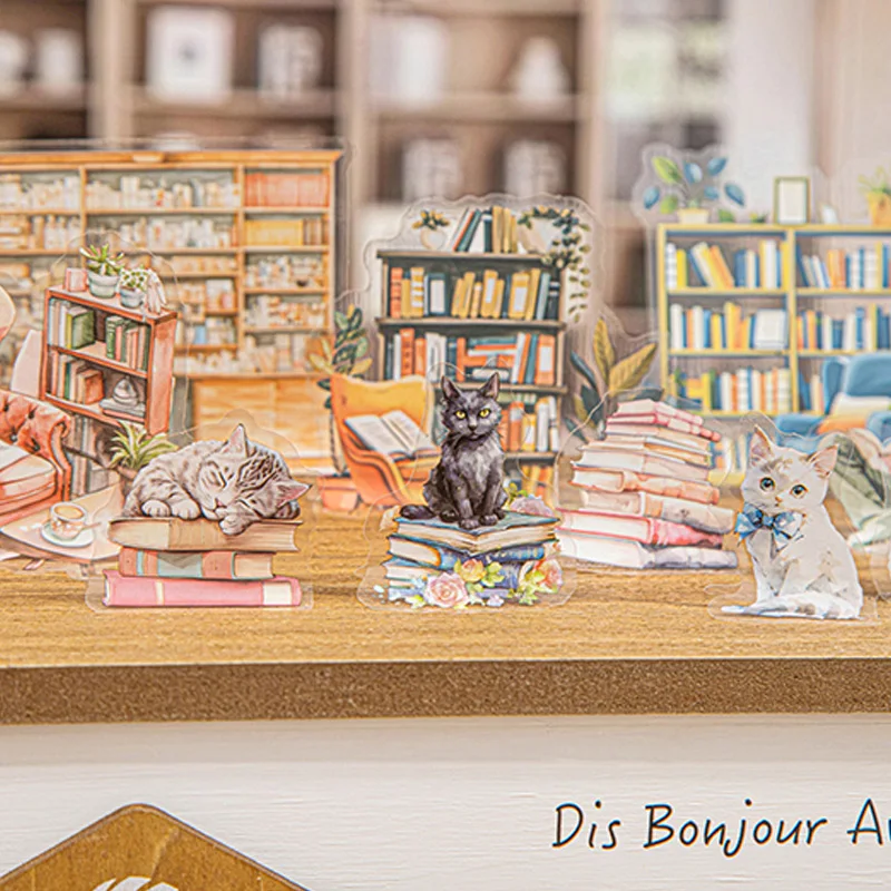 Sticker Pack 15 Sheets/Bag Bookstore Reading Cat Scrapbook Stationery DIY Journal Phone Case Notebook Decoration