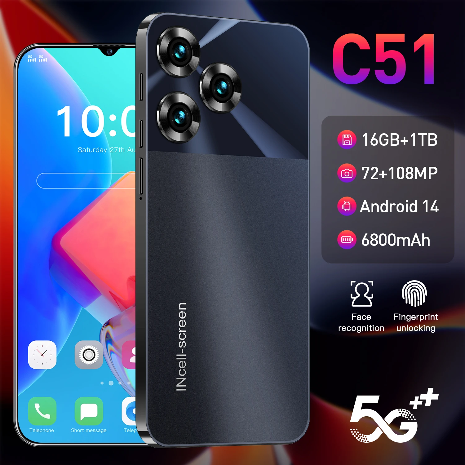 

High-Performance C51 Android Phone - 16GB+1TB Memory 6.8 Inch HD Screen 5G Dimensity 9300 Dual SIM Card and 72MP+108MP Camera