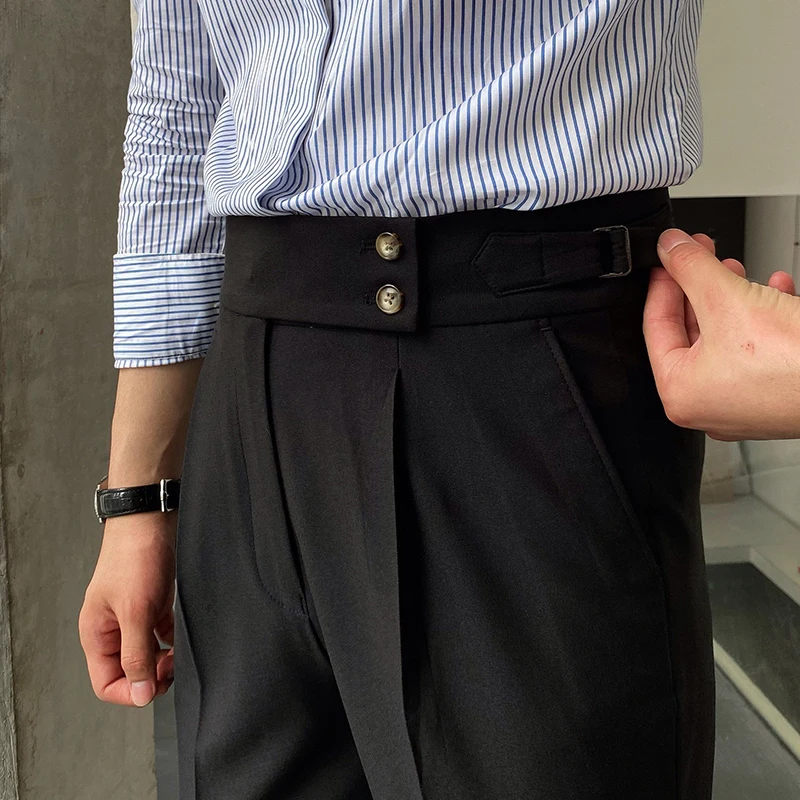 Vintage Lace-up Belt High-waist Trousers Men Casual Simple Solid Color Slim Suit Pants Autumn Fashion Mens Naples Straight Pants