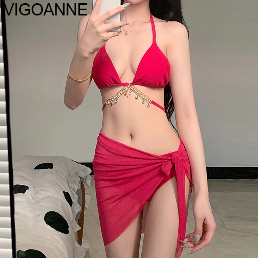 

VigoAnne Sexy Red Closed 3 Piece High Waist Skirt Bikini Set Women 2024 Halter Push Up Swimsuit Blackless Beach Bathing Suit