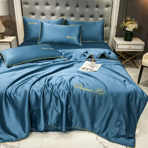 1pc Ice Silk Summer Quilt With Solid Color Embroidery Light Luxury Machine Washable Suitable For Bedroom Apartment Bedding