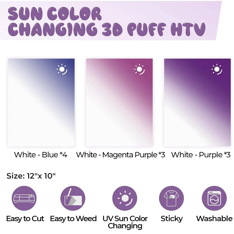 Sun Color Changing Puff Vinyl Transferência de Calor, 3D Puff HTV Vinil, 3 Cores, 12x10 ", Durável, 10 Pcs