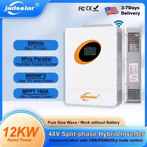 jsdsolar 12KW Solar Hybrid Inverter 48V Off/On Grid WIFI Energy Inverter 240VAC Dual MPPT 160A Solar System BMS Pure Sine Wave