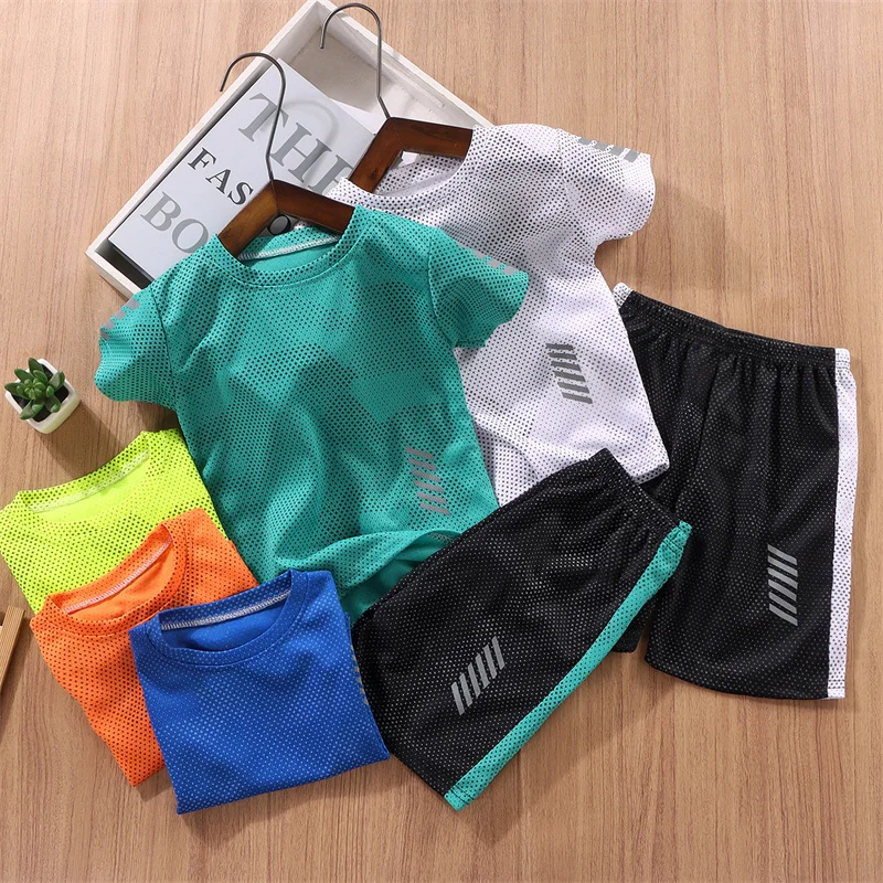 Boy Girl Sports Set Summer Teenager Clothing Suit New Children T-shirt+Shorts 2Pcs Outfits Baby Kids Breathable Sport Sets 2-14Y