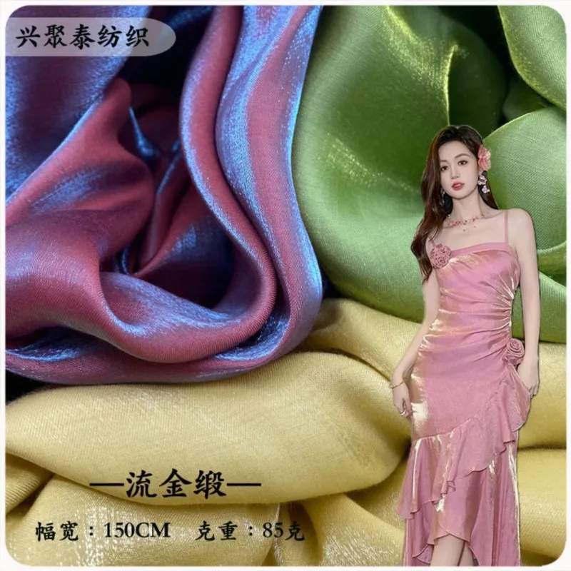 Camicia elegante bicolore in cotone chiaro dorato iridescente, raso fluido, liscio come la seta, morbido drappo, tessuto Hanfu non trasparente