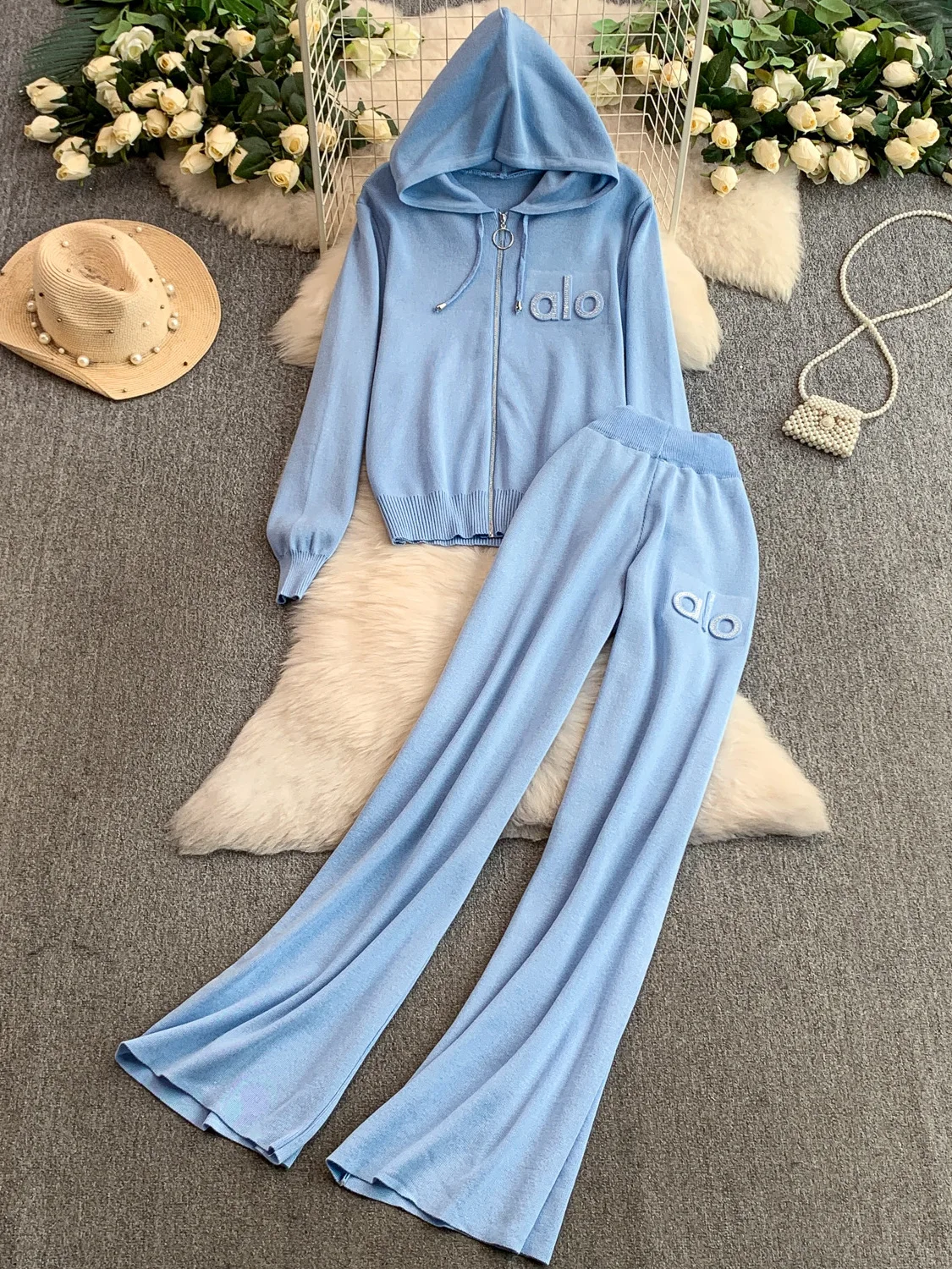 

Осень-зима, повседневные тонкие широкие брюки с высокой талией, комплект из двух предметов, пальто с надписью Emed, куртка с капюшоном, модный плюс размер