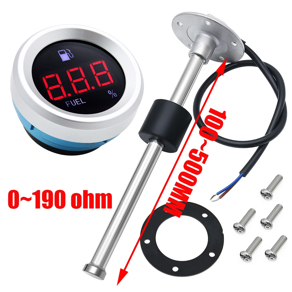 Red LED Digital 52mm Fuel Level Gauge 0-190 Ohm Fuel Level Sensor 100~500MM Optinal Oil Tank Meter Indicator Car Boat 12V 24V