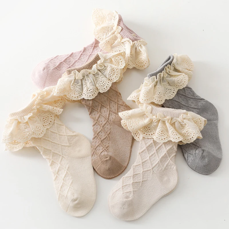 Princess Girl Lace Ruffle Socks Summer Thin Breathable Baby Cotton Sock Solid Color Infant Short Socks 0-2Year Children Headwear