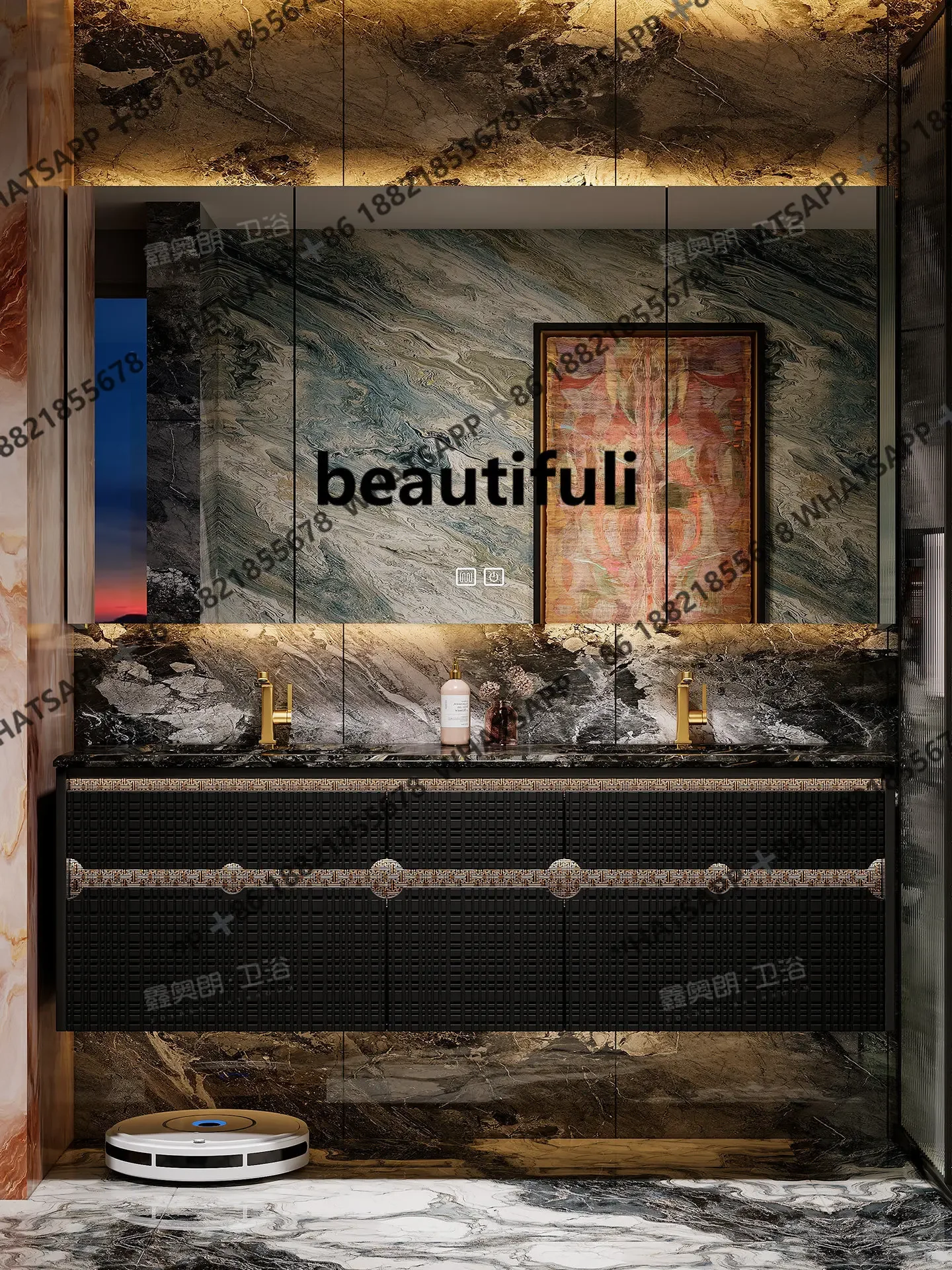 A50 High-end Italian light luxury double basin bathroom cabinet combination bathroom imported texture board washstand