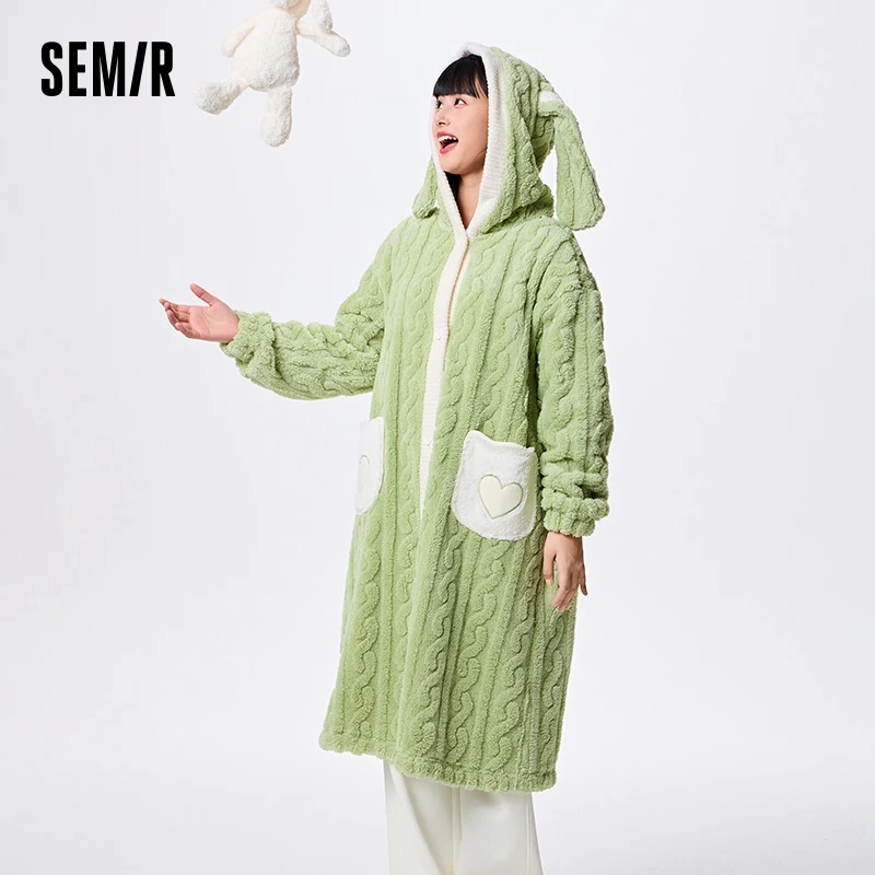 Semir Home Clothing Women Fashion Texture Pattern Rabbit Shape Plush Warm Loose Hooded Comfortable Home Robe