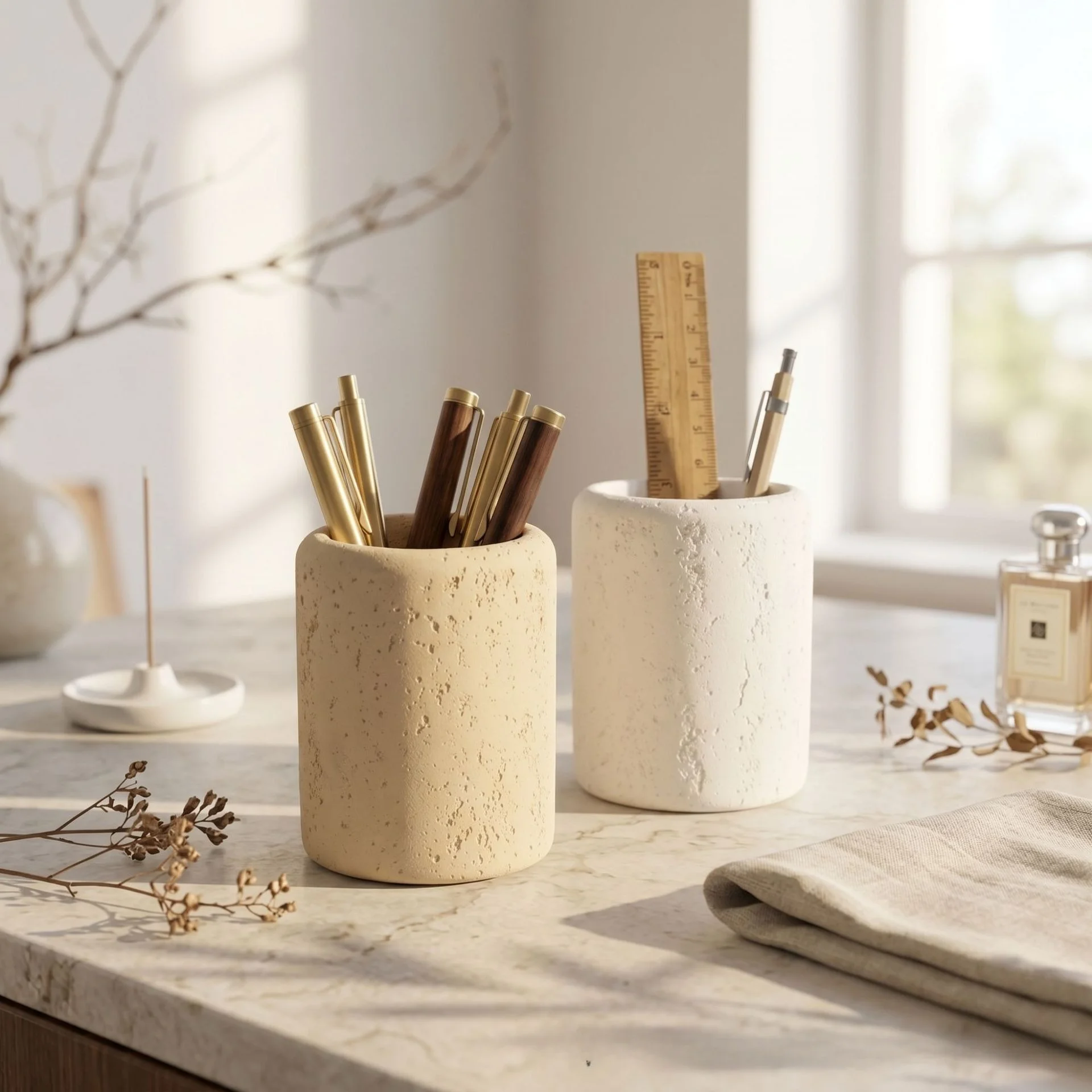 Wabi sabi Travertine Light Luxury Creative Gift Ornament Desktop Storage Pen Holder For Home Office Desk Decor