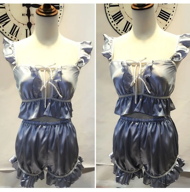 New Two Piece Set Summer Pyjamas Kawaii Pajamas Lingerie Femme Silk Sling Loungewear Home Clothes Women Cute Underwear Sleepwear