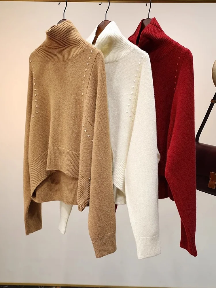 

Slimming Effect Rivet High Collar Camere Sweater Casual Comfortable Soft Long Sve Overhead Knitwear Base irt