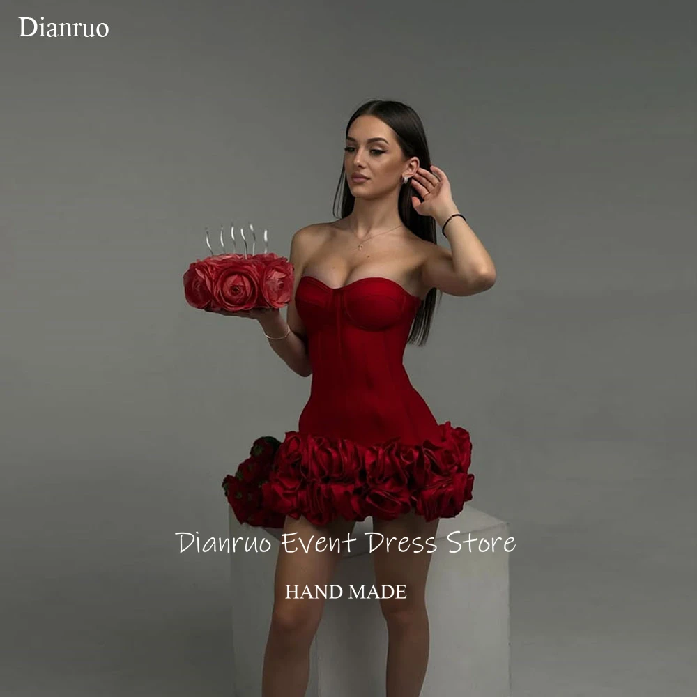 Dianruo Sleeveless Satin Prom Dress Above Knee A Line Birthday Dress Handmade 3D Florals Formal Homecoming Dresses Customized