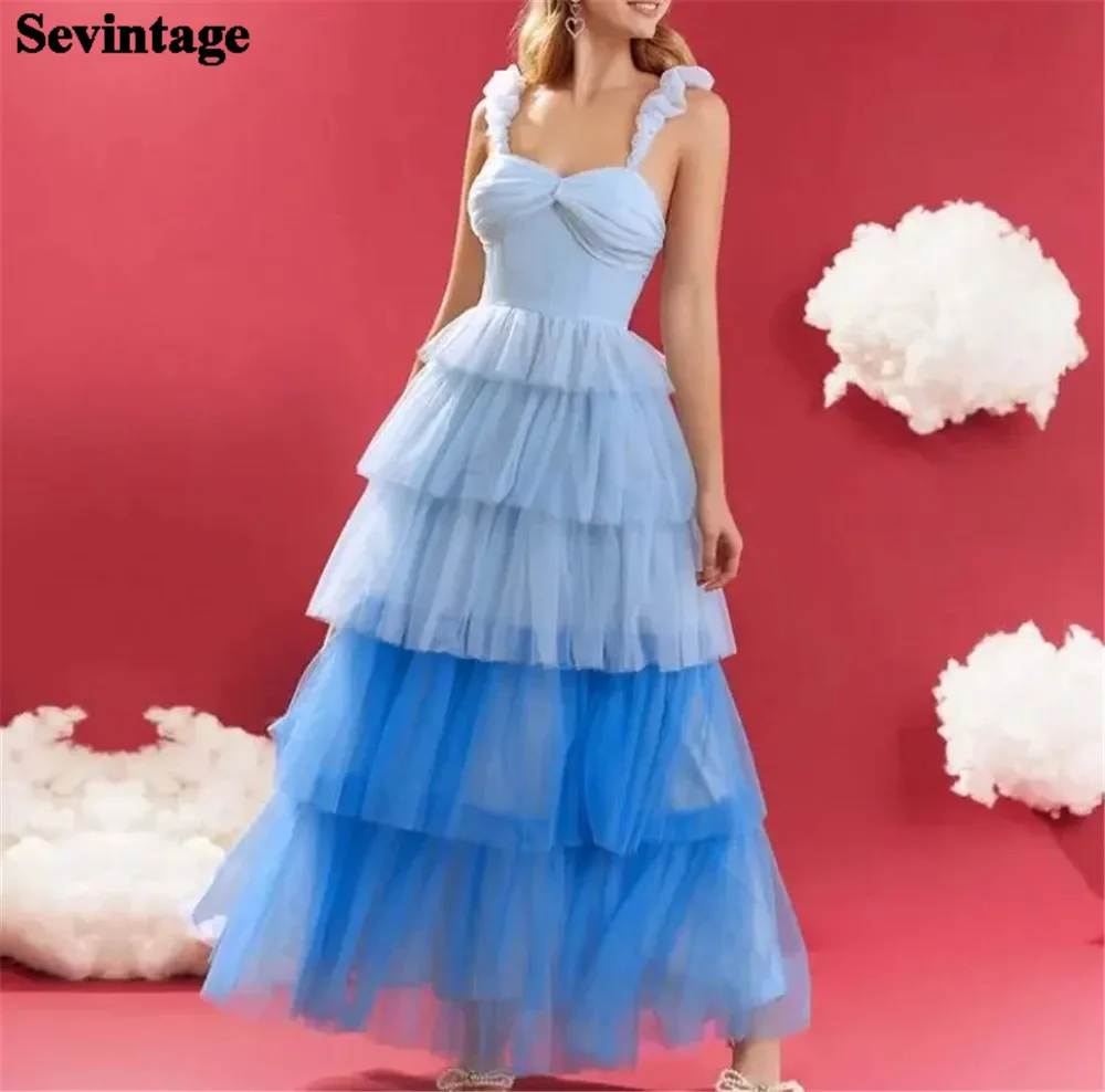 Sevintage Patchwork Blue Prom Dress A-Line Strapless Spaghetti Strap Tiered Ruched Formal Evening Dress Floor Length Party Gown