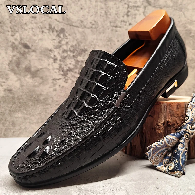 Italian Genuine Leather Men Shoes Black Brown CROCO Print Slip on Casual Mens Dress Shoes Wedding Office Loafers Men