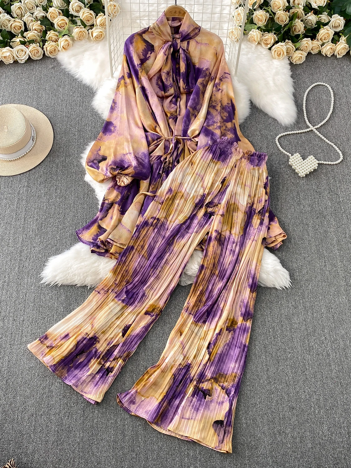 

Ele Knot Print Waist-Cinching Midi irt with High Waist A-Line Wide Leg Pants Two-Piece Set for Young Women