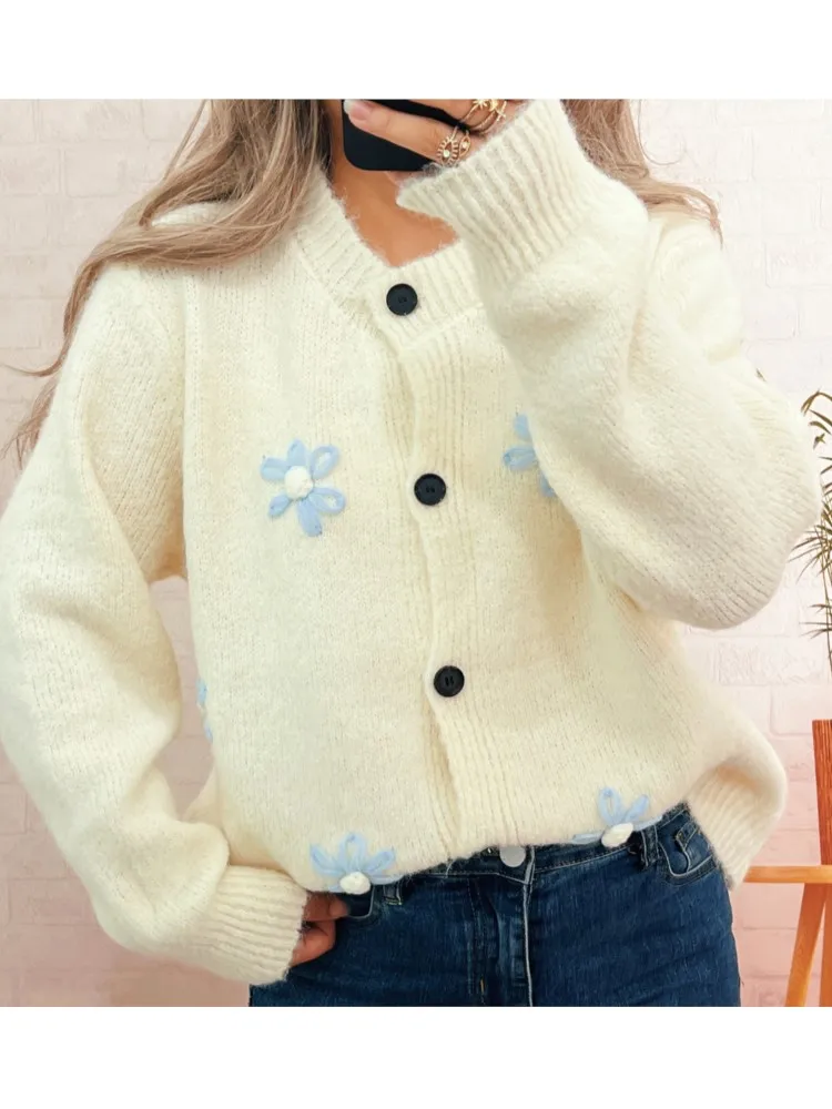 

Новый женский вязаный кардиган с цветочной строчкой, осенне-зимний свитер с круглым вырезом в ленивом стиле, шикарный повседневный свободный свитер с длинными рукавами