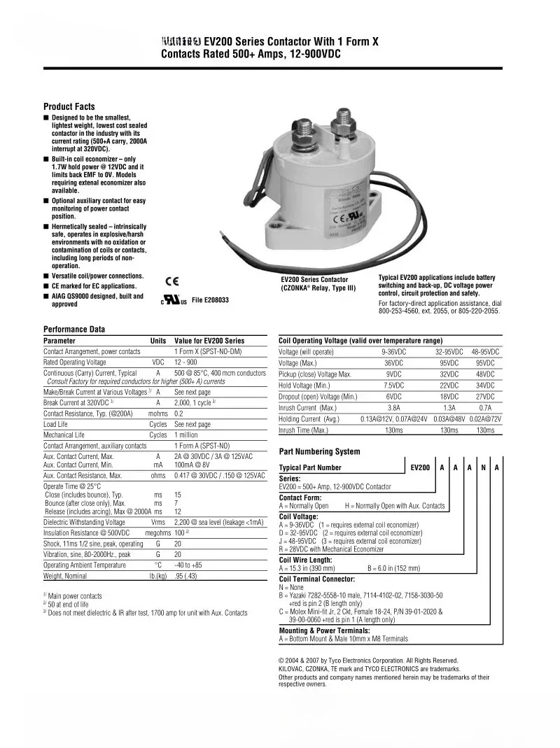 2-2071410-2 IHV 200 HDANA DC Relay Contactor (Replaces EV 200 ADANA) 48-72 VDC Original Quality For TE BB
