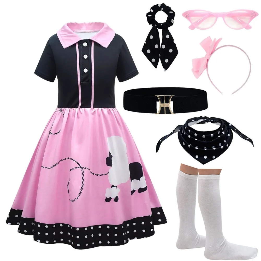 

50s 60s Poodle Dress Kids Fashion Cute Cartoon Flip Collar Button Dress Full Set Girls Cosplay Costume Halloween Carnival Party