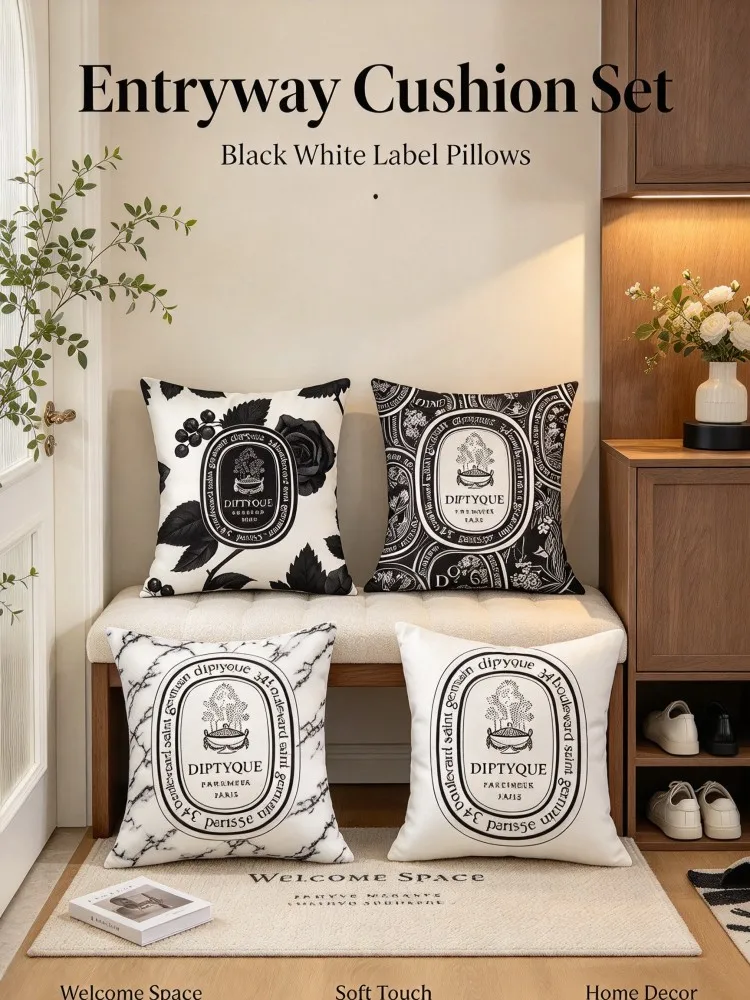**Black White Perfume Label Pillow Set, Graphic Print Square Decorative Cushions, Soft Fabric Pillows for Sofa Bedroom Window Se