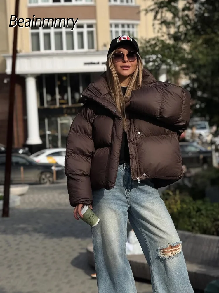 Femmes marron à capuche coton manteau mode revers manches longues bouton de fermeture éclair chaud ample manteaux courts dame hiver décontracté rue vêtements d'extérieur