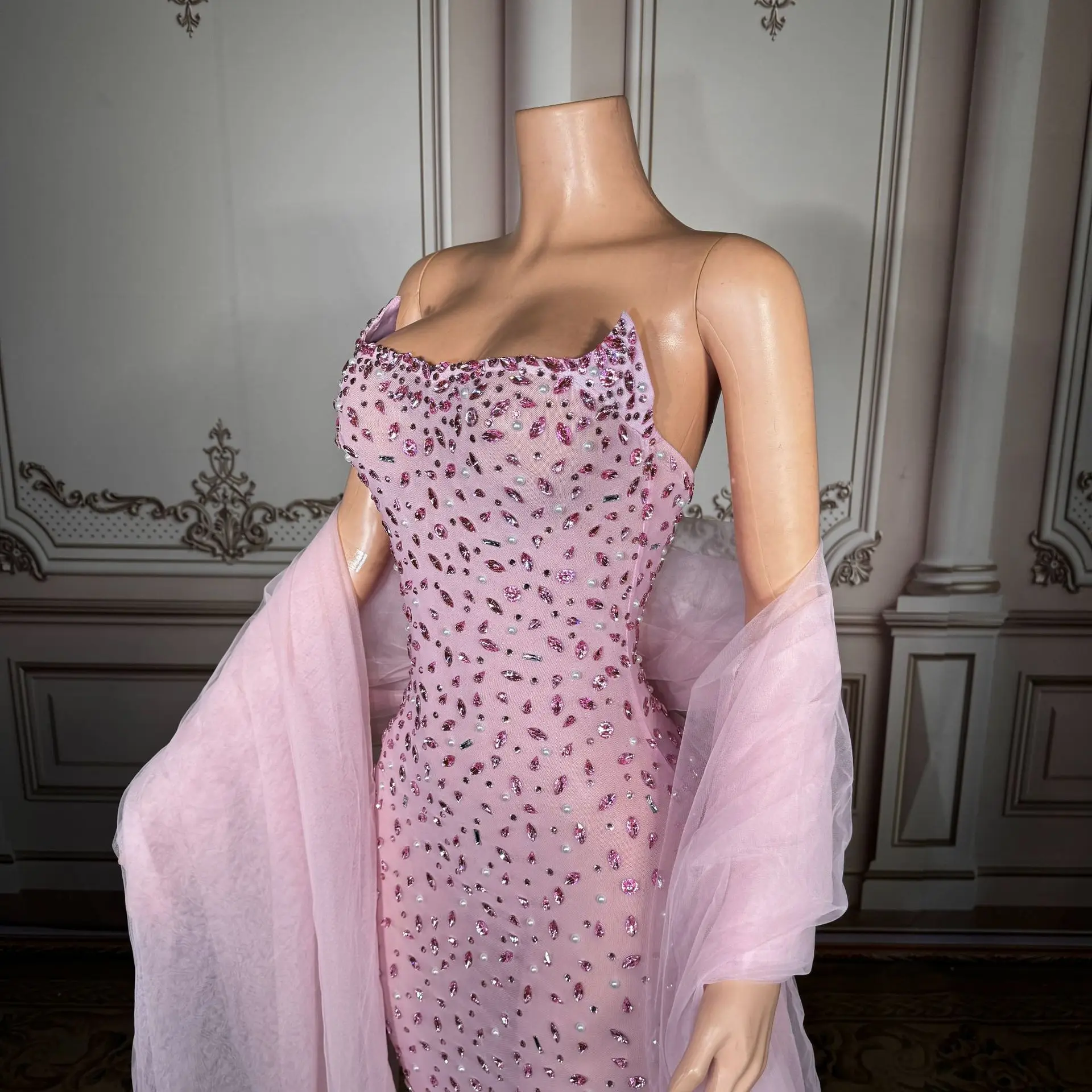 

Pink Net Sheer Shawl Style Halter Dress for Birthday Party Adult Model Runway Show Evening Gown