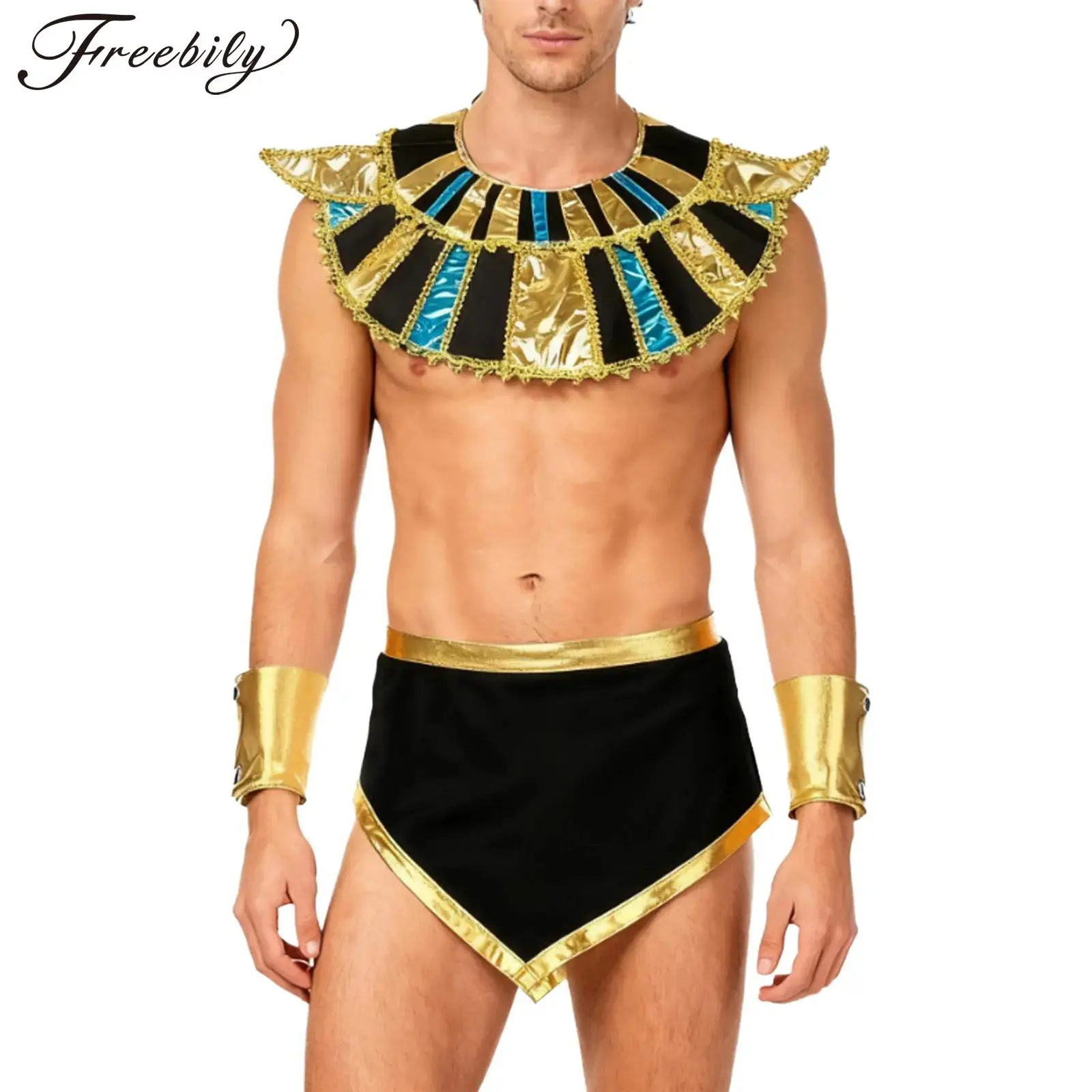 Männer Halloween Altes Ägypten Pharao König Cosplay Kostüm Metallic Glänzender Kragen mit Rock Outfits für Maskerade Mottoparty