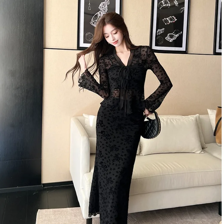 Ele dentelle brûlée fleur haut ensemble femmes printemps été automne nouveau Sle transparent ceinturé Dr beau Ba Faionable...