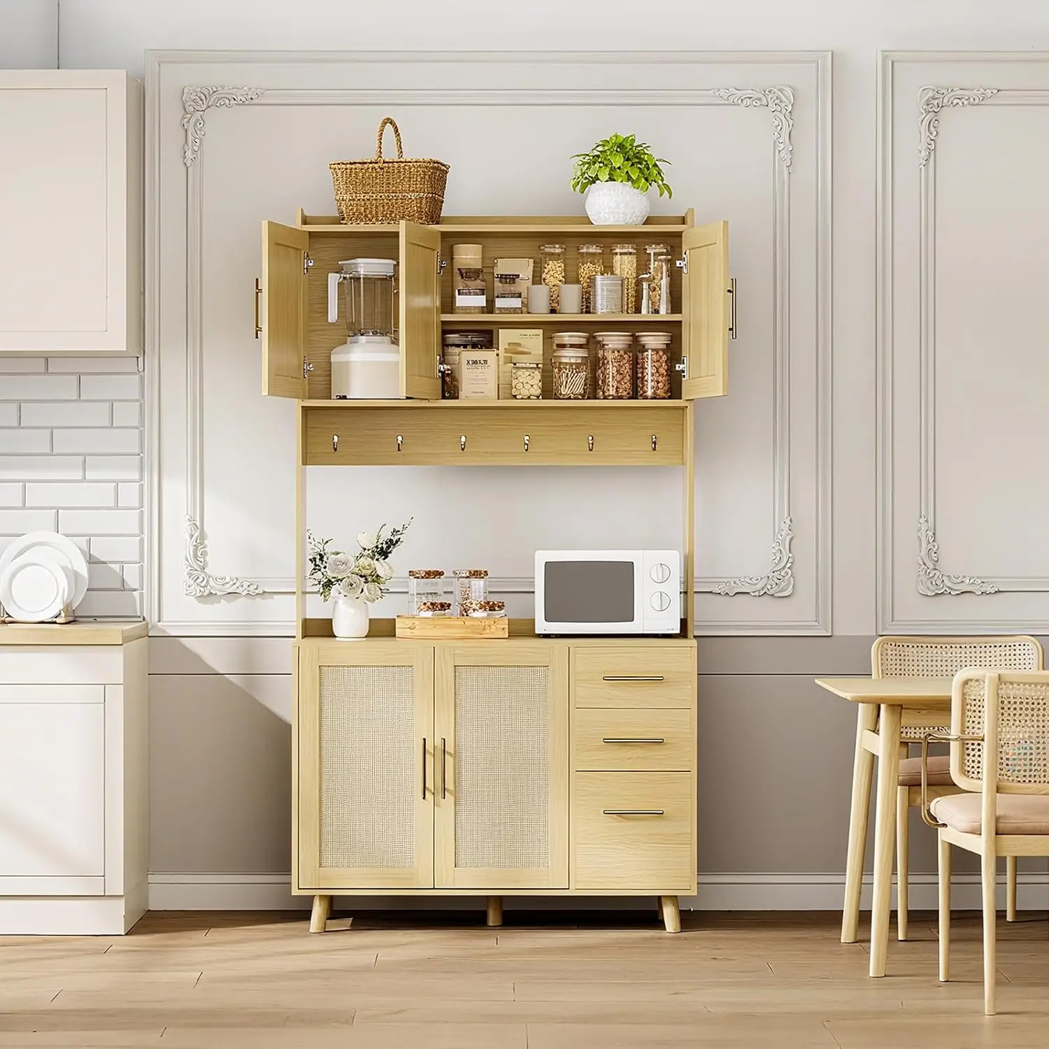 Rattan Kitchen Pantry Cabinet 71 Inch Tall Freestanding Storage Hutch With 3 Drawers 6 Hooks And Adjustable Shelves Microwave Stand For Living Room And Kitchen