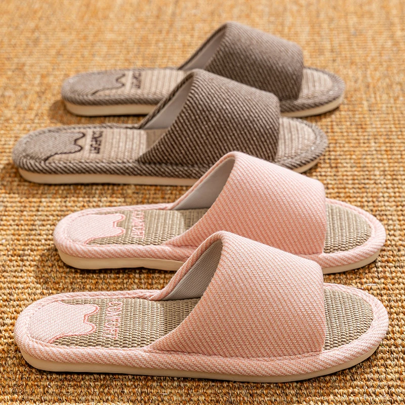 Non-slip skin-friendly linen sandals, autumn and winter cool breathable home comfort and quiet slippers
