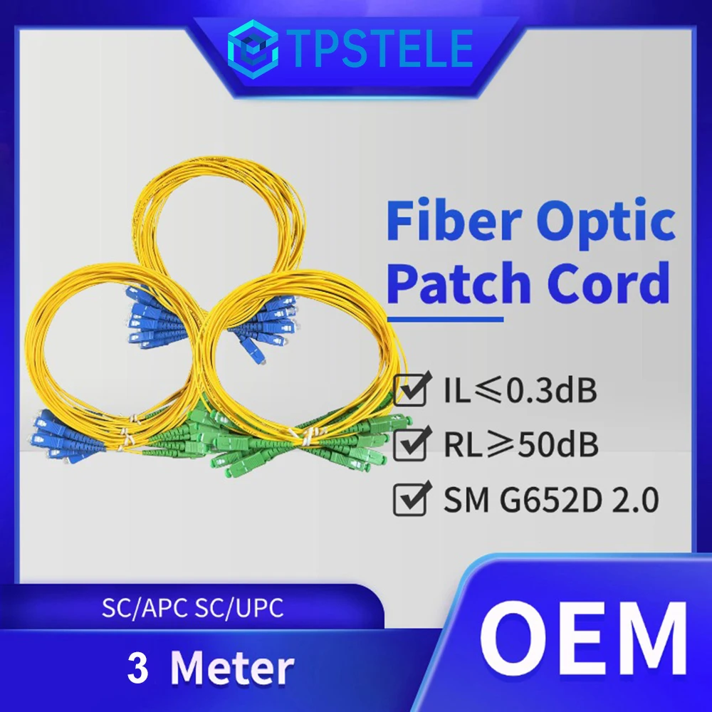Whole Sale 50PCS 3 Meter SC APC and UPC Fiber Optic Jumper SM G652D SX Core 2.0mm Yellow PVC Hacket Patch Cable For FTTH CATV
