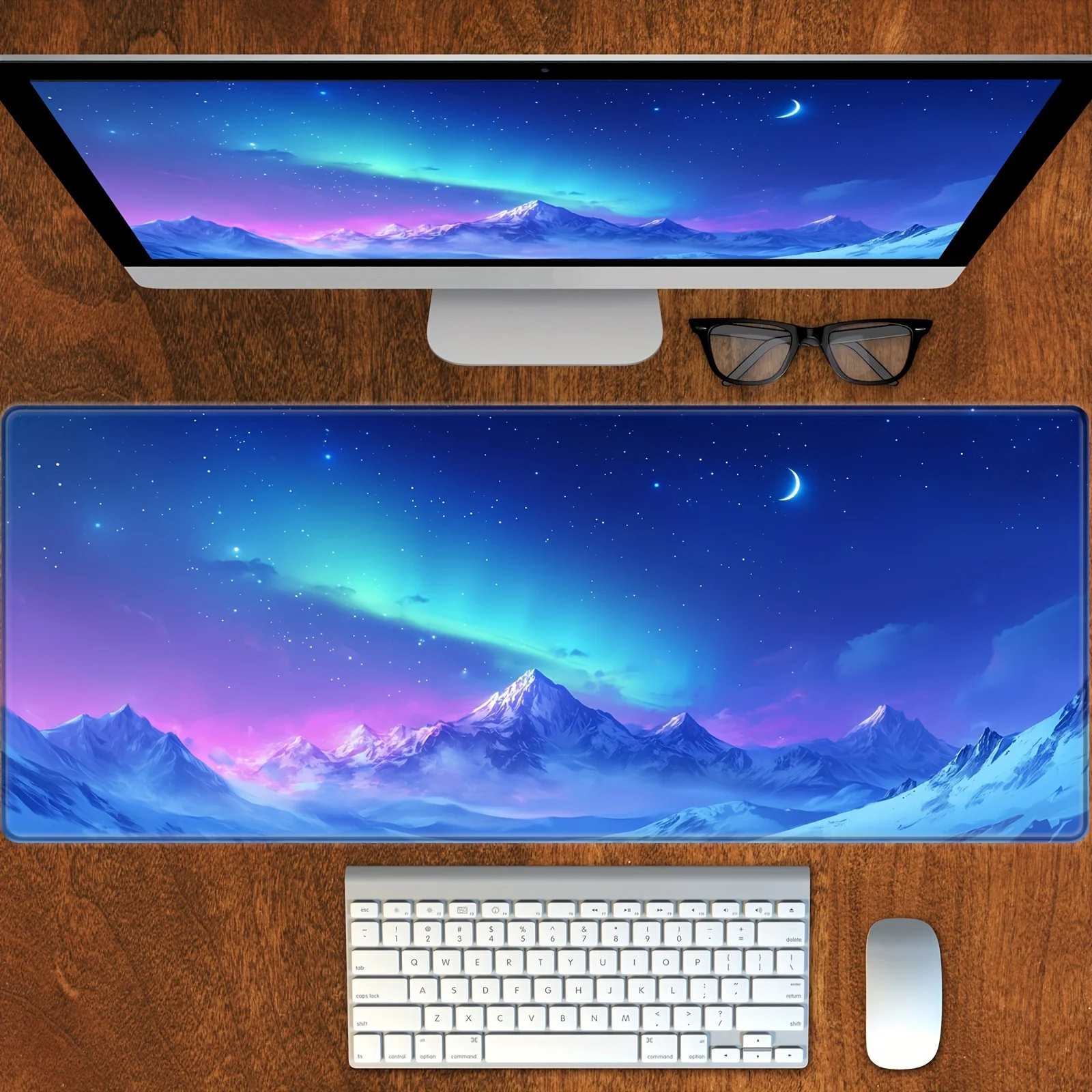 Bachrax XXL ゲーミングマウスパッド 大型拡張テーブルマット 滑り止めゴム オーロラ雪山 ゲームプレーヤーギフト テーブルトップアクセサリー